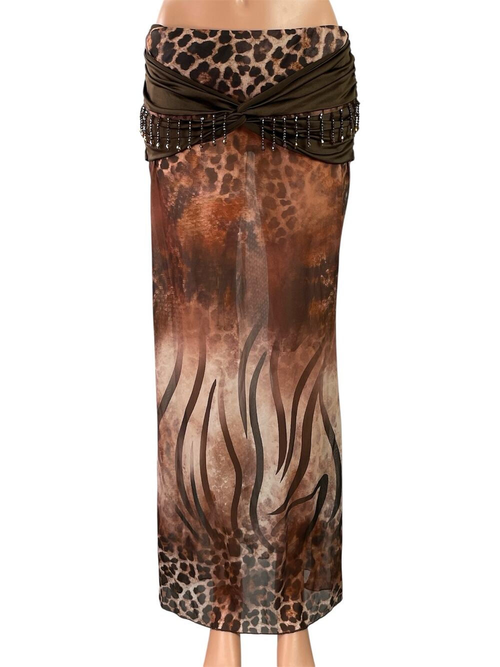 Shein Brown Leopard Print Beaded Fringe Sheer Beach Swim Maxi Coverup Skirt Sz L